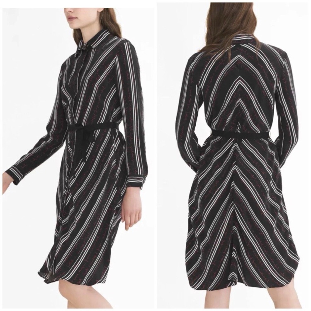 $395 Maje Regga Chevron Stripe Print Black Long Sleeve Button Down Shirt Dress S